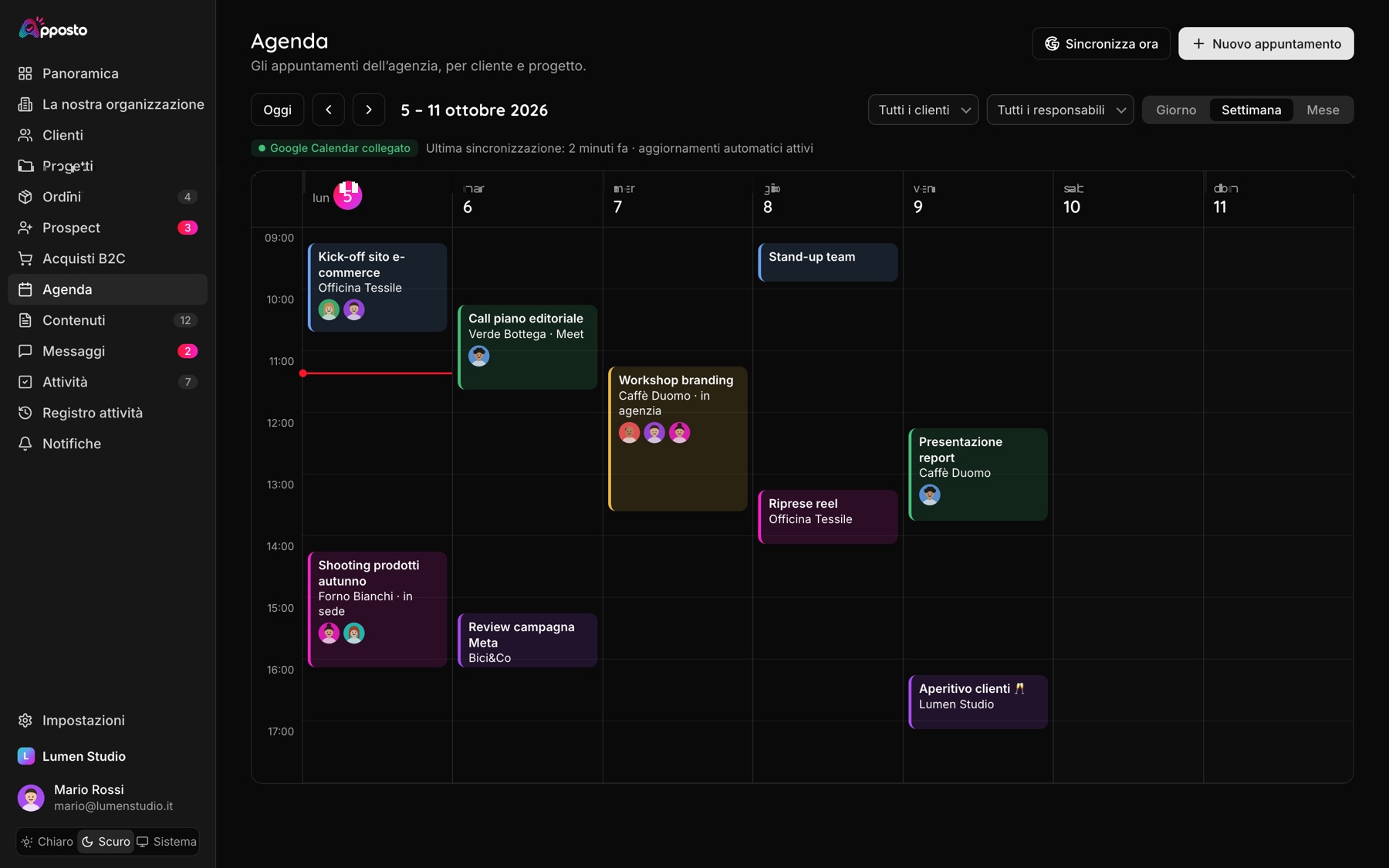 L’agenda di Apposto con appuntamenti per cliente