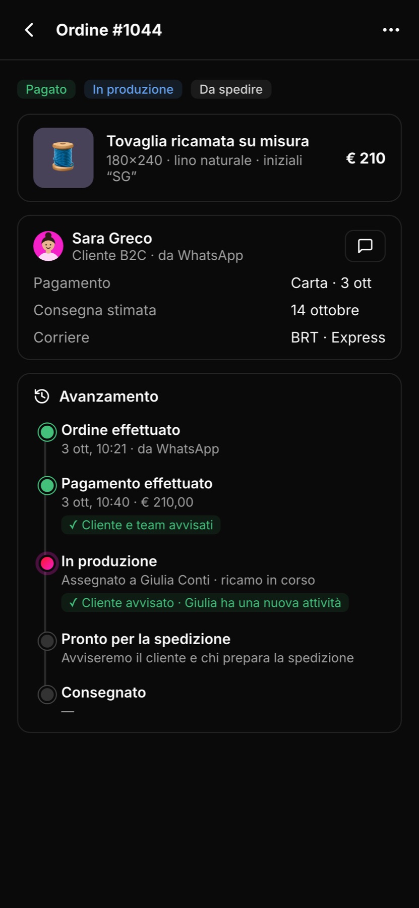 Il dettaglio di un ordine sul telefono