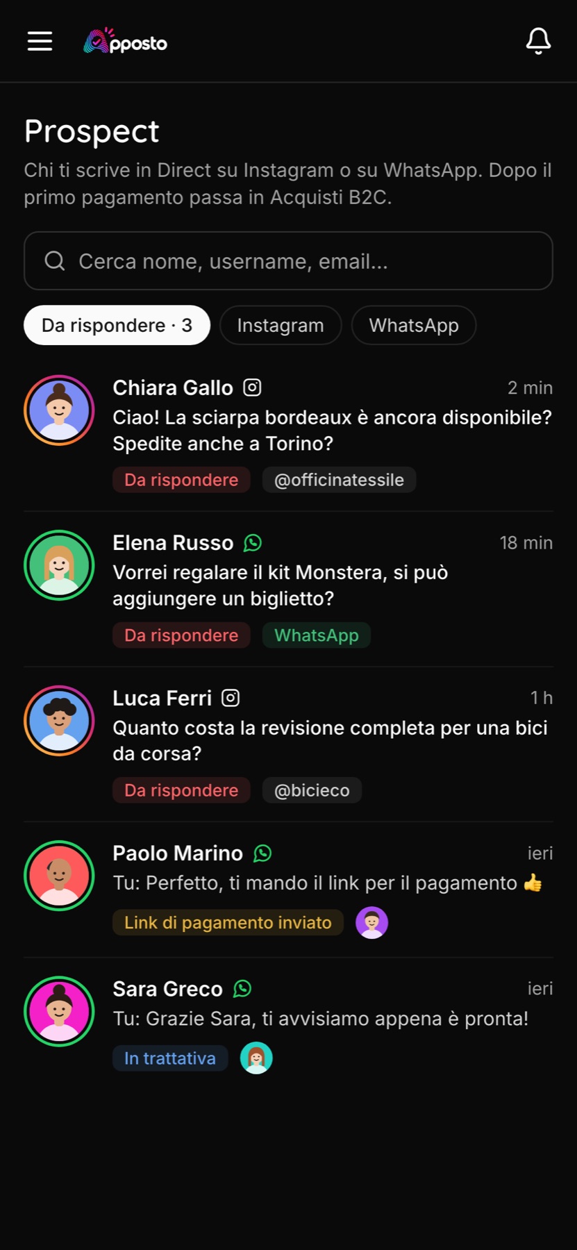 Lista dei prospect da Instagram e WhatsApp sul telefono